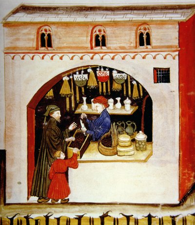 The sale of dried grapes, from Tacuinum Sanitatis by Italian School